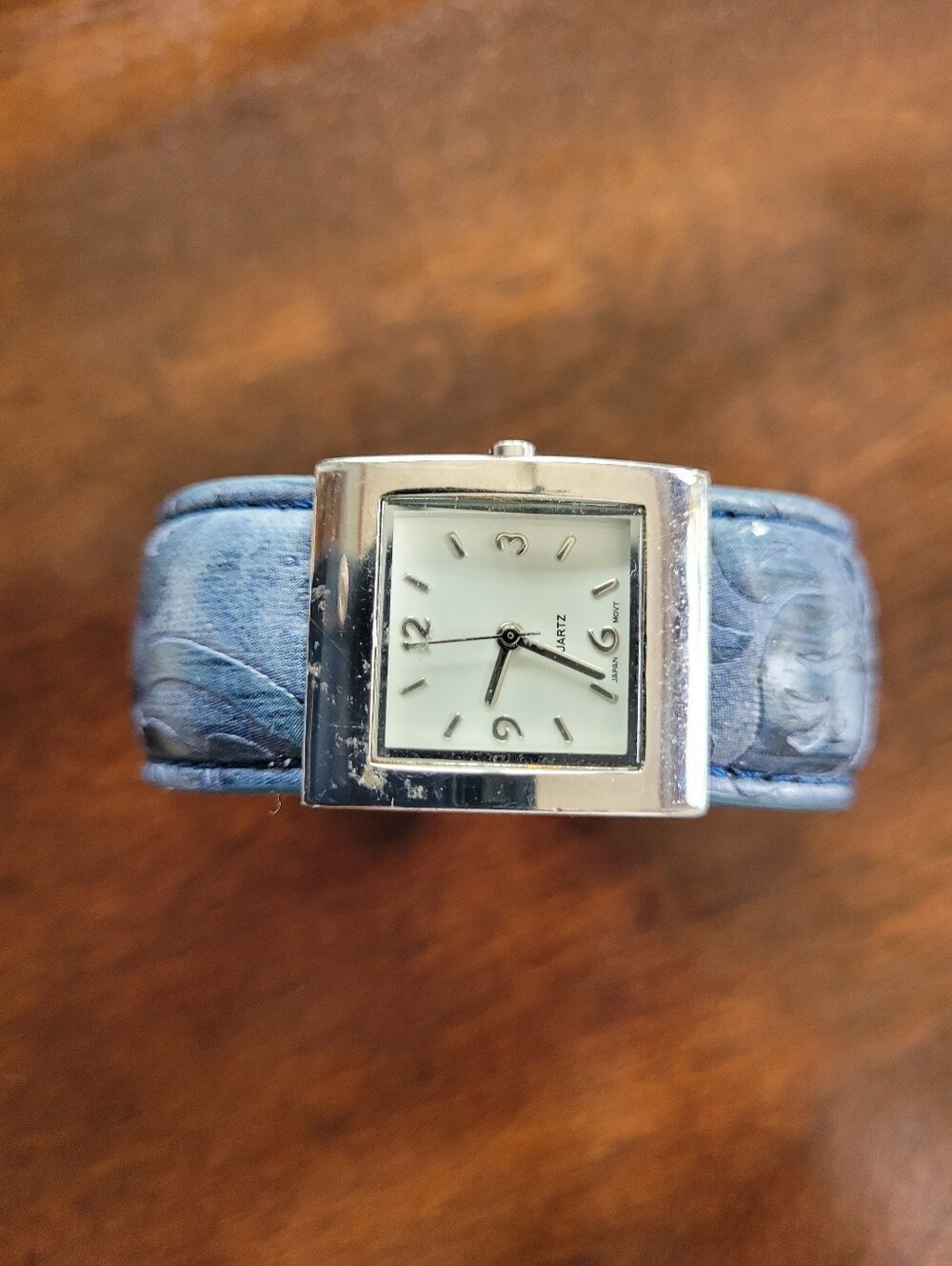 Ladies Square Silver Case Watch with Blue Leather Strap